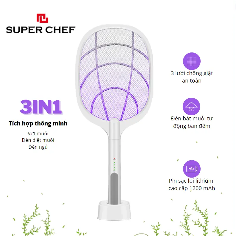 Vợt Muỗi Thông Minh Tích Hợp Đèn Bắt Muỗi 3 Trong 1 Super Chef Bảo Hành 1 Năm Bắt Muỗi Đèn Bắt Muỗi Máy Bắt Muỗi Máy Đuổi Muỗi
