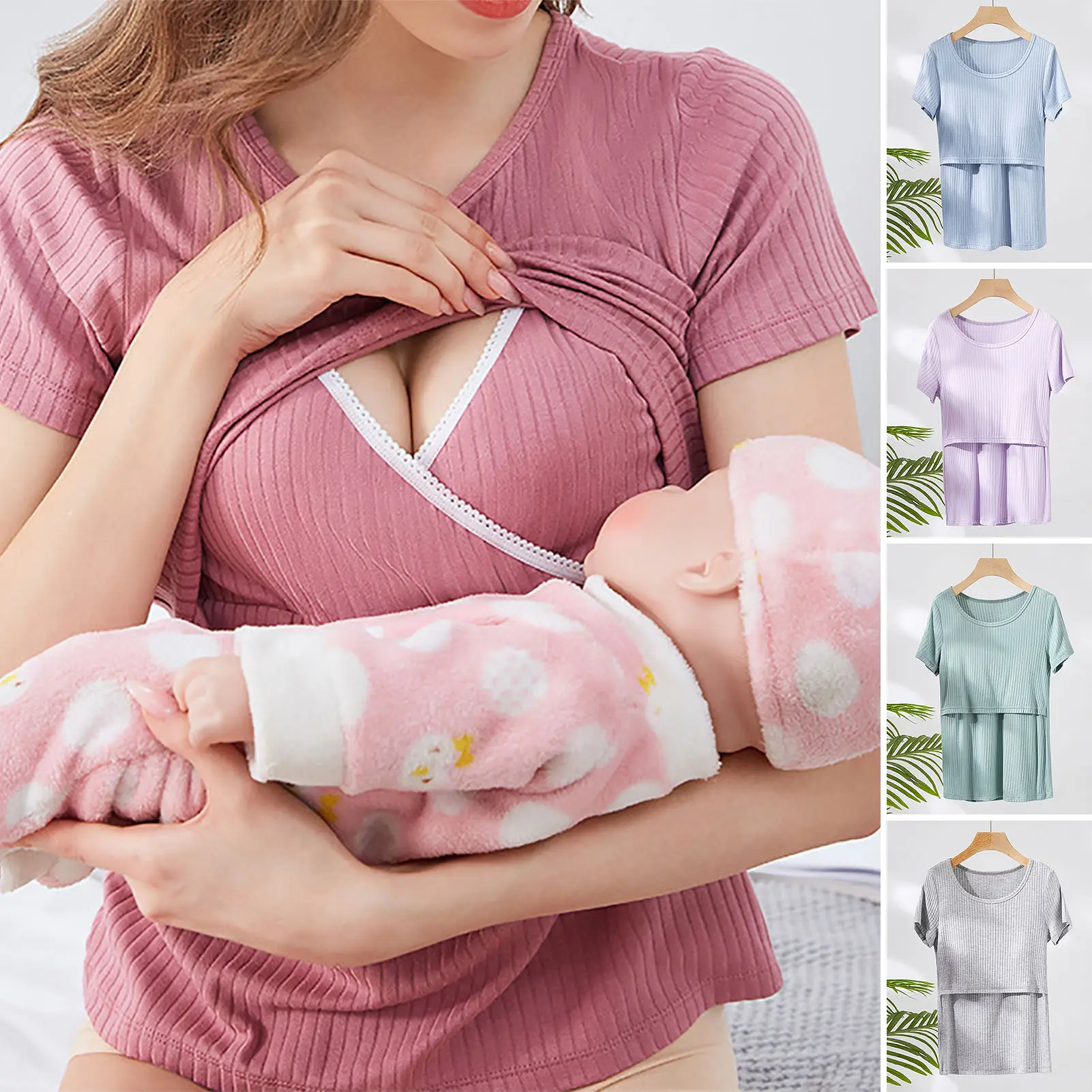 Breastfeeding T-shirt Solid Color Short Sleeve O-Neck Removable Pads Breathable Breastfeeding Top for Home