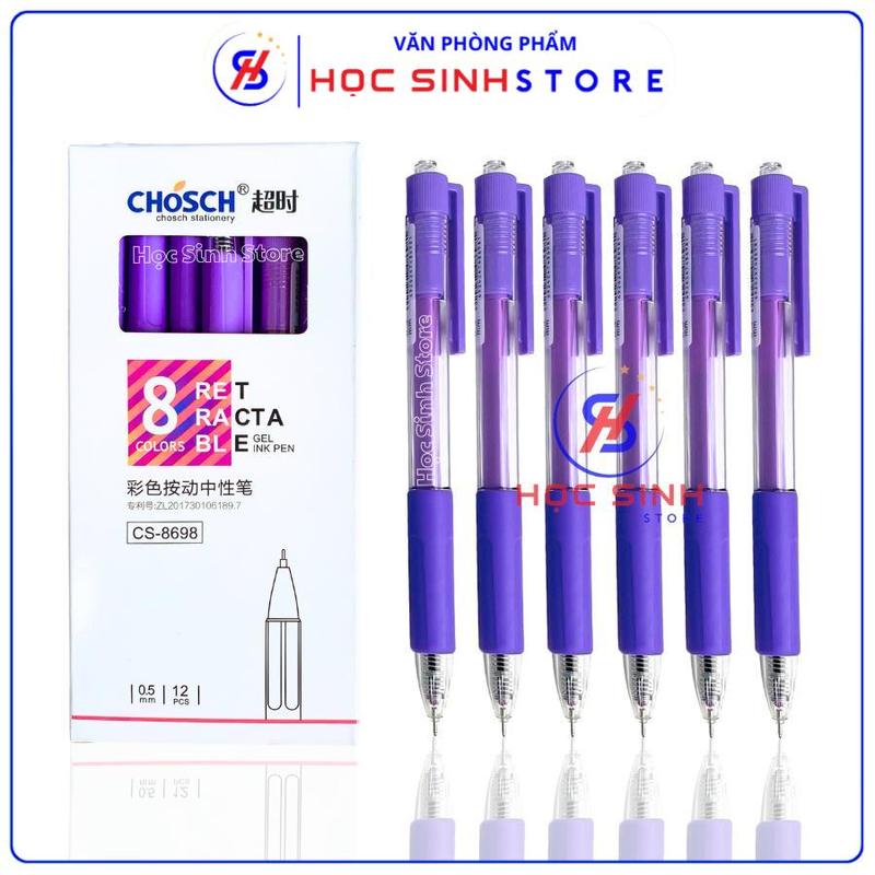 Hộp 12 Cây Bút Bi Bấm Chosch CS8698 Ngòi Nhỏ 0.5mm Mực Xanh Tím Đen Đỏ - Mực Đậm Sáng Và Không Lem