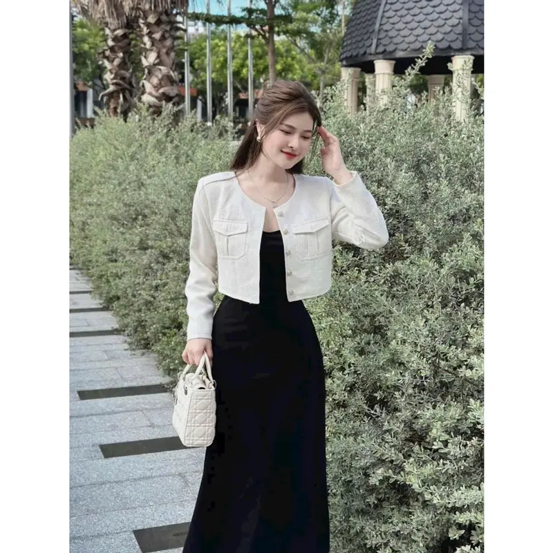 Set đầm nữ áo khoác dạ lenin đính nút phối túi kèm đầm dài cotton lạnh siêu xᶖnh 4