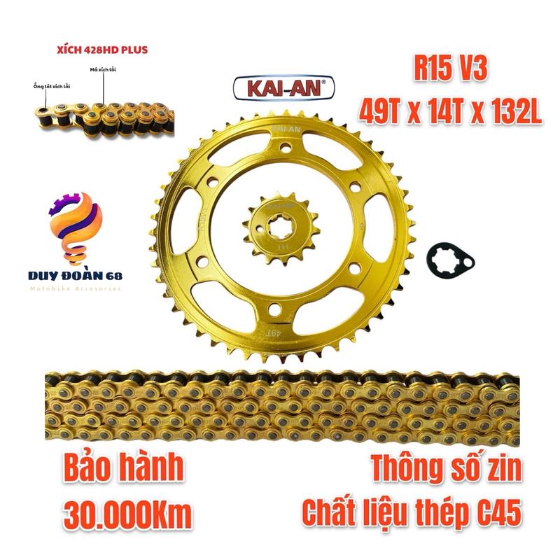Nhông Sên Dĩa R15 V3/V4 Kai An Màu Vàng, Đen Sên Đúc 428HSD Dày 10 Ly Công Nghệ Nhật Bản Êm Tròn Đều Bềnh Bỉ Tặng Phe Và Táng Phụ Tùng Cacbon