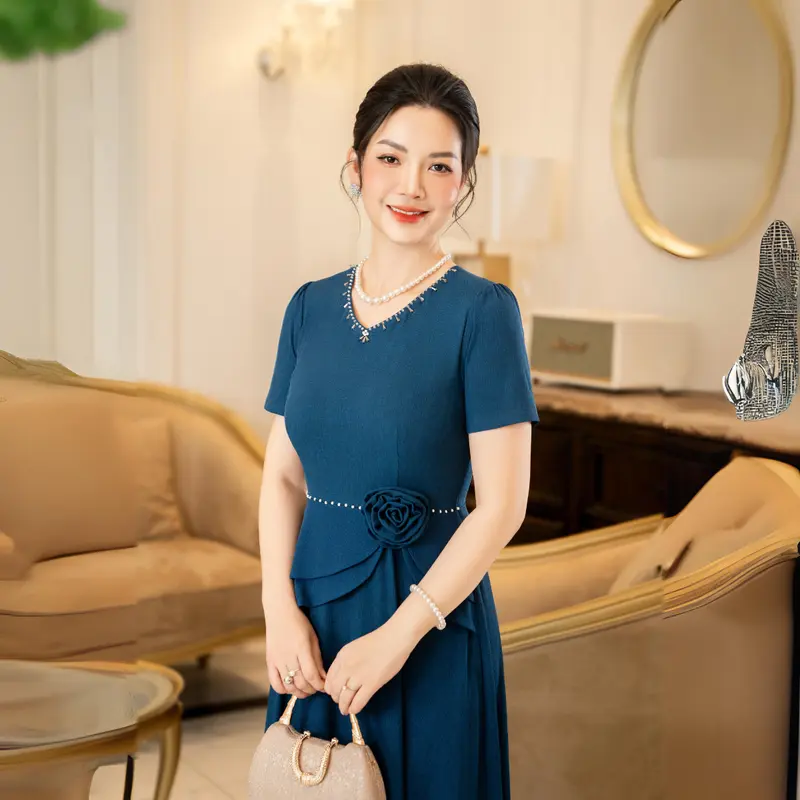 Đầm trung niên tặng mẹ LYBEE LV930 thun gấm nhật co giãn 4 chiều mặc thỏa mái, sang trọng, thấm hút mồ hôi, đủ size từ 45-80kg Nữ Women Dress Màu Đỏ 3