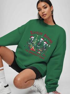 YOZY Women's Christmas Cartoon Skeleton & Tree Print Drop Shoulder Thermal Lined Sweatshirt, Casual Long Sleeve Round Neck Pullover for Fall & Winter, Ladies Clothes for Daily Wear