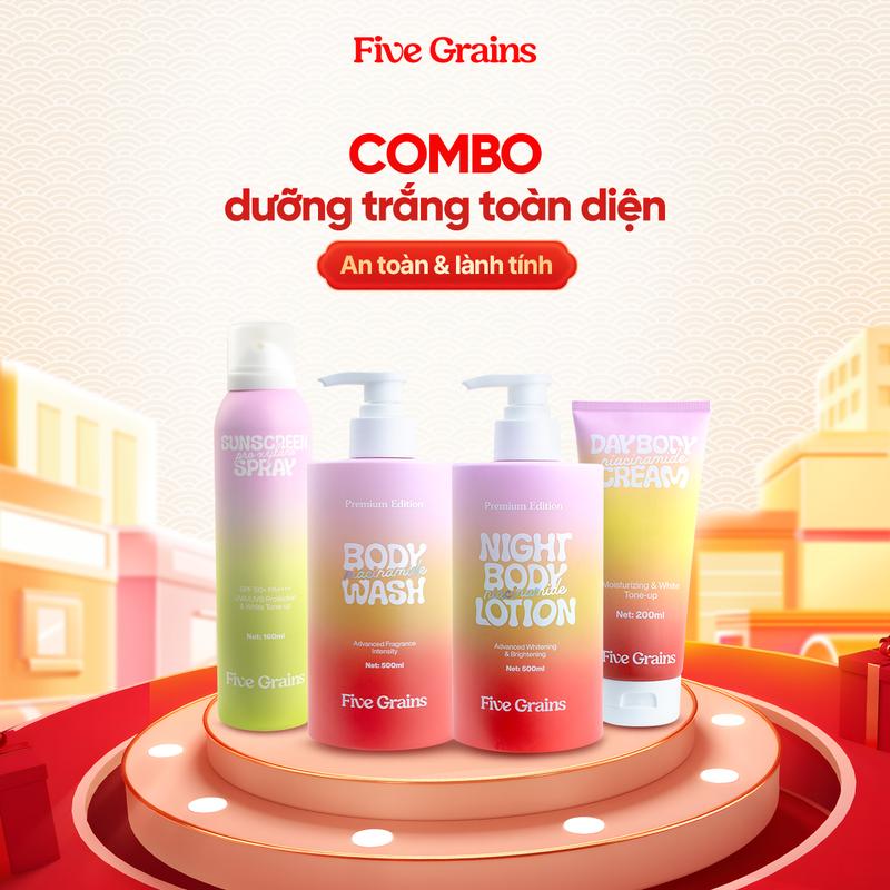 Combo giúp sáng da, tái tạo và bảo vệ toàn diện Niacinamide, Alpha-Arbutin Five Grains(Sữa tắm 500ML & Kem dưỡng ban ngày 200ML & Kem dưỡng ban đêm 500ML & Xịt chống nắng 160ML)