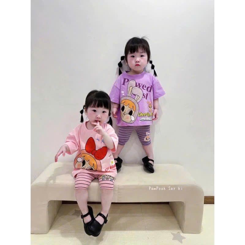 Set bộ thun cotton phối quần kẻ sọc lửng co giãn 4 chiều hoạ tiết dễ thương cho bé gái 08-25kg