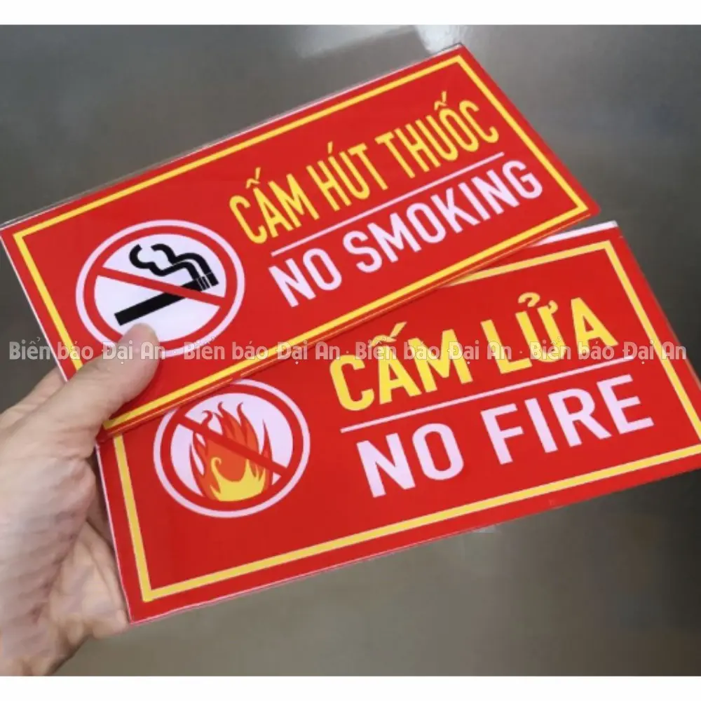 Biển báo Cấm hút thuốc, Cấm lửa, Khu vực được hút thuốc, mica dán decal, kt 10x20cm