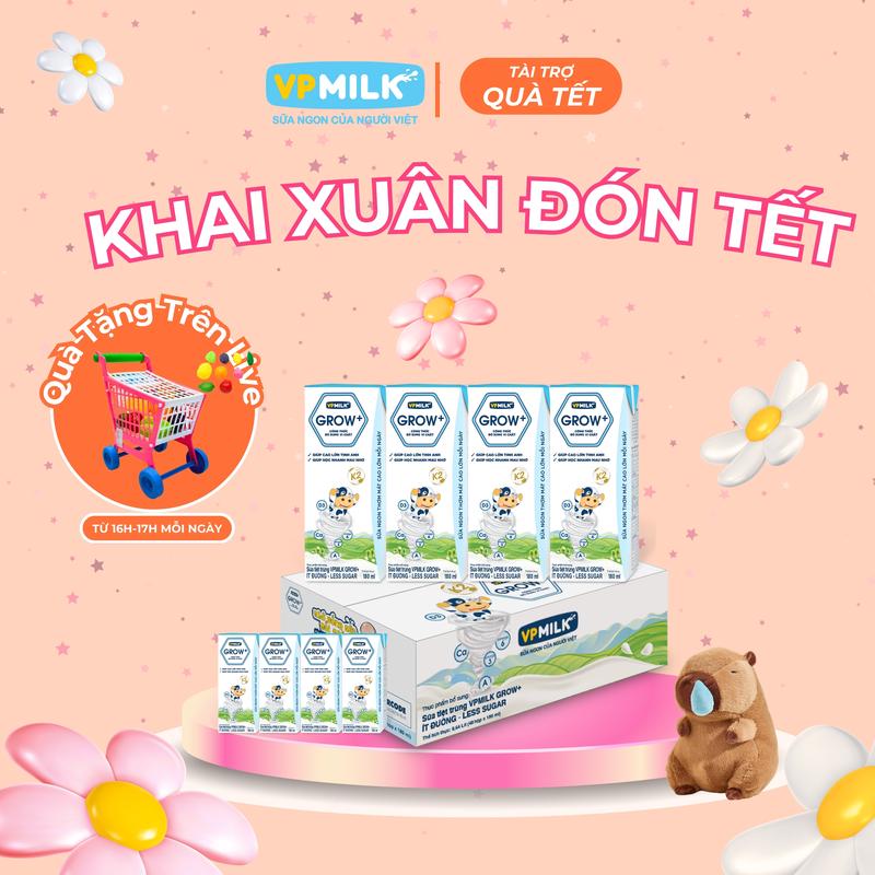 [Thùng 48 hộp 180ml] Sữa VPMIlk Grow+ ít đường, Sữa Grow+ phát triển toàn diện có bổ sung vi chất giúp bé tăng đề kháng, phát triển chiều cao, tăng cường trí não