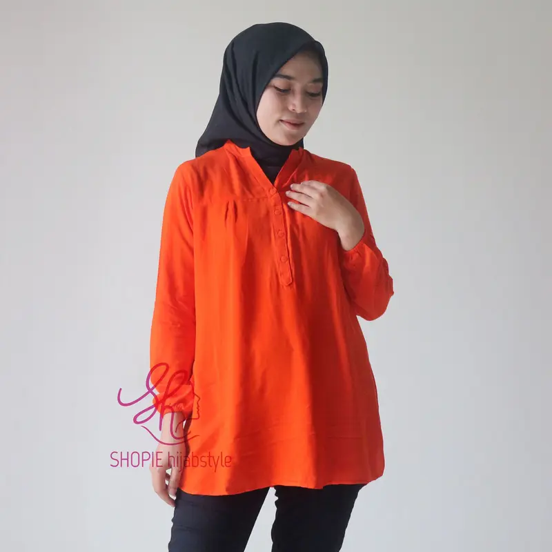 Blouse Rayon Jungle Orange - Blus Katun Polos Orens - Baju JUMBO - Atasan Wanita Kekinian - Kemeja Kerja 0