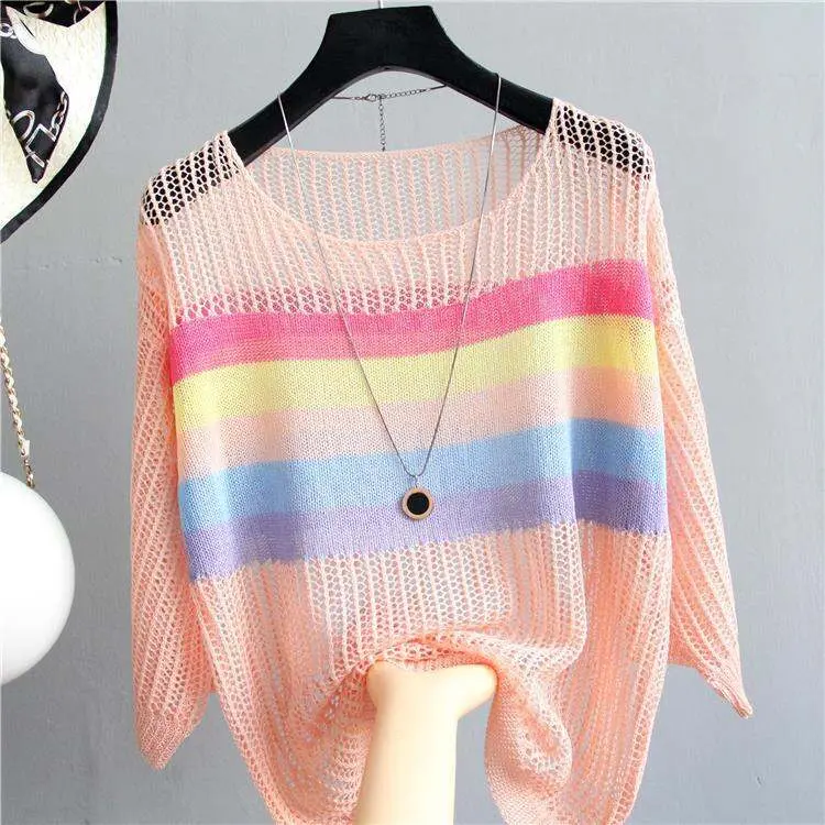 Áo Len Nữ, Thiết Kế khoét Chống Nắng, Dáng Rộng Vừa Vặn, Họa Tiết Sọc, Dành Cho Nữ Nhung Women Top có thể giặt máy hàng dệt kim 【 trắng 】 2
