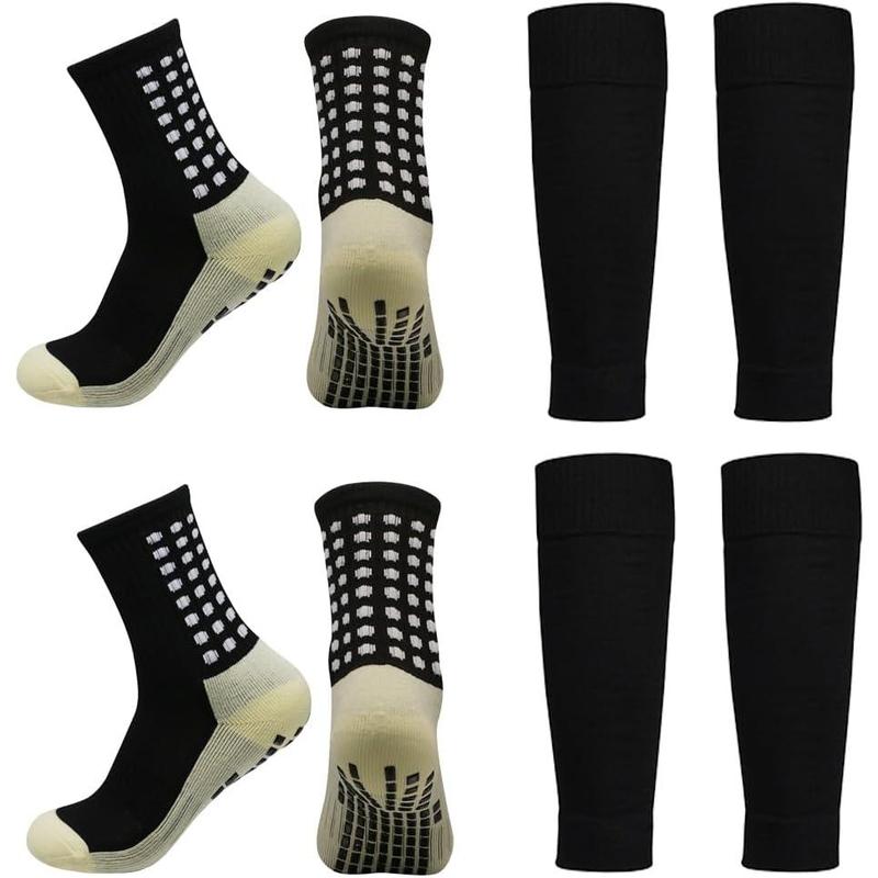 2 Set Anti-Slip Grip Soccer Socks with Shin Guard Sleeves, Sports ...