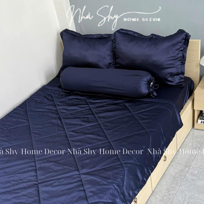Bộ Chăn Gra Phi Lụa 5 Món Màu Xanh Đen - Set 4 món không mền set 5 món có mền - Nhà Shy