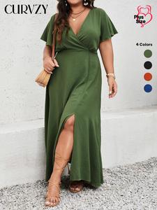 Curvzy Plus Size Split Thigh Wrap Maxi Dress, Green Dress Lady, Dresses for Women, Casual Ruched Butterfly Sleeve Dress for Summer & Autumn, Women's Plus Clothing for Beach Holiday, Back To School, Wedding Guest Dress, Hide Tummy Outfits Uk