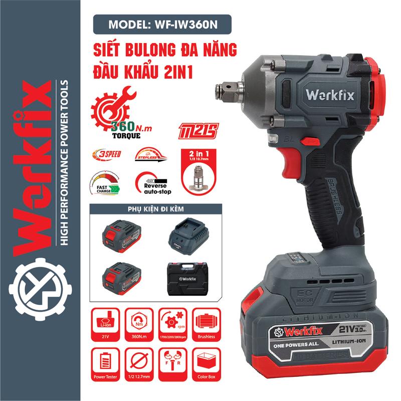 Máy siết bulong pin WORKFIX IW360N, Lực siết 360Nm, Mở ốc nôi xe ga, Khoan, Bắt vít, Kèm nhiều phụ kiện siet  bulong