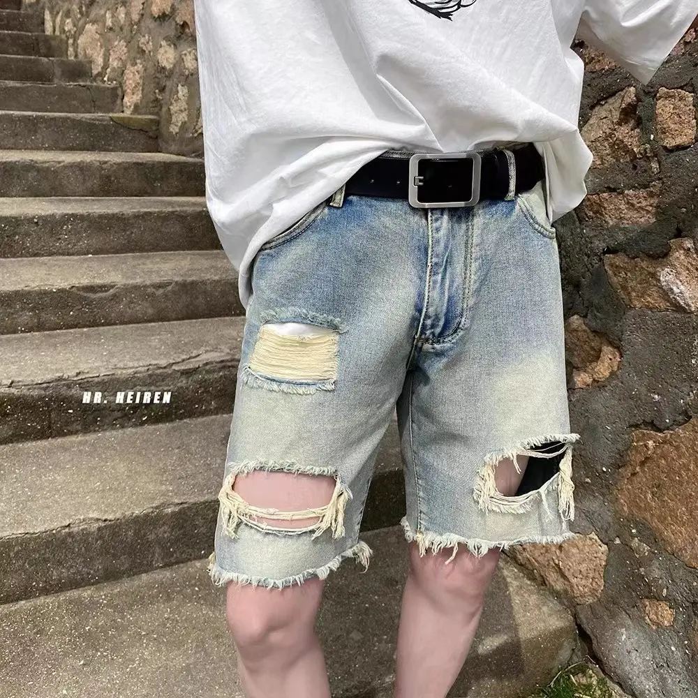 Quần Short Denim, Phong Cách Cổ Điển Mỹ, Quần Jean Rách, Dáng Rộng Vừa Vặn, Thiết Kế Xếp Ly Đẹp Trai Và Phong Cách, Dài Đến Đầu Gối, Thích Hợp Cho Nam Giới, Phong Cách Đường Phố Mùa Hè, Quần Trung, Phong Cách Hiphop
