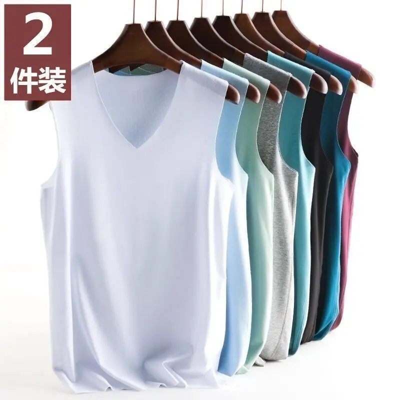Áo Vest Lụa Lạnh Không Đường May, Dành Cho Nam Giới, Có Thể Mặc Bên Trong Mùa Hè, Thích Hợp Cho Thể Thao Cơ Sở, Không Tay, Áo Lót Trắng, Thời Trang, Mỏng, Cỡ Lớn 0