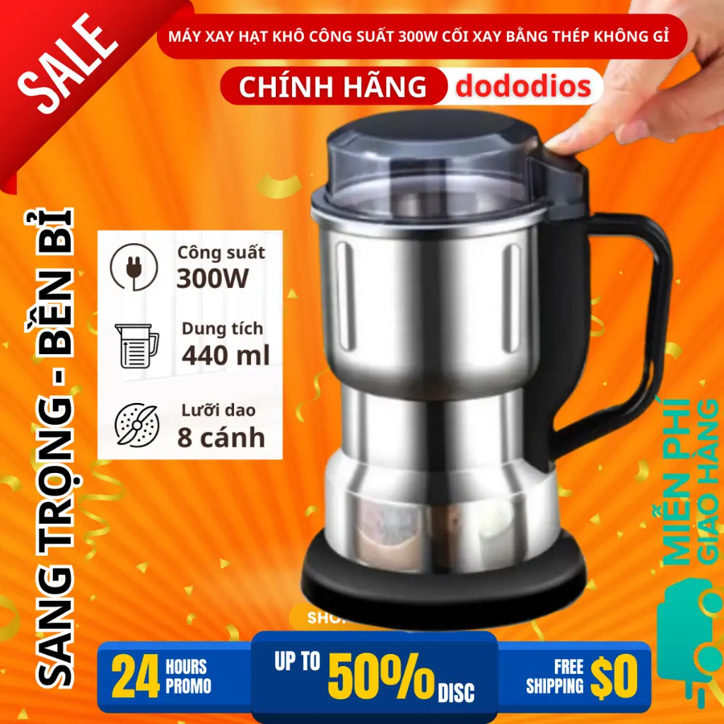 Máy xay hạt khô, xay bột, gia vị cà phê đa năng, công suất 300w, 6 lưỡi dao cực bén, chất liệu cối inox - Hãng DoDoDios