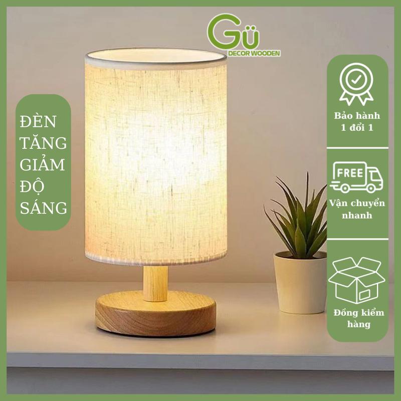  Đèn ngủ để bàn điều chỉnh độ sáng Đèn decor phòng ngủ đế gỗ chao đèn vải lanh độ bên cao 