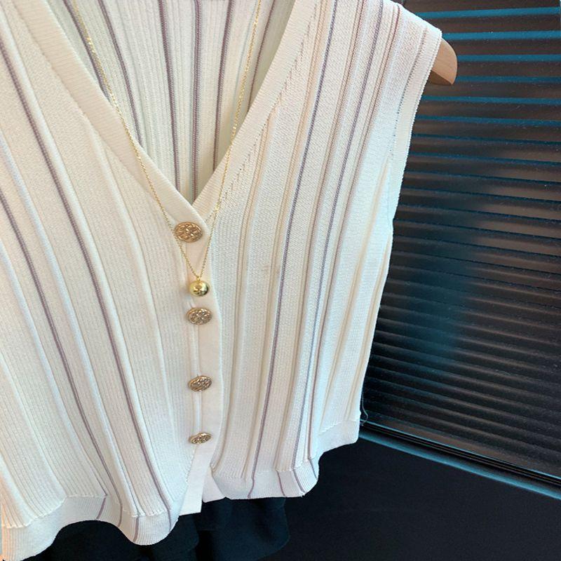Product Introduction of Vintage V-neck sleeveless knitted cardigan women's summer thin vest vest simple fashion single-breasted versatile on clothes 8