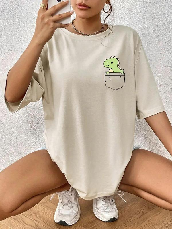 Women's Cartoon Dinosaur Print Drop Shoulder Tee, Casual Half Sleeve Round Neck T-shirt for All Seasons, Women's Top for Daily Wear, Womenswear 1