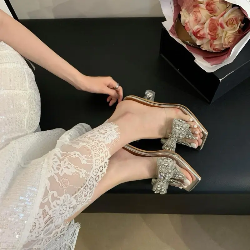 Guốc quai trong đính nơ mẫu mới mũi vuông 7-9cm . Phù hợp đi chơi đo tiệc cưới Nữ DéP Đồng GiàY Shoes 3