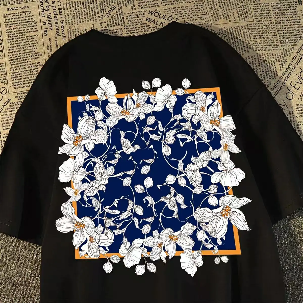 2025 American Retro Fashion Brand Couple Flower Print T-shirt Short Sleeve Men's Summer Casual Loose Hong Kong Style All-Matching Top