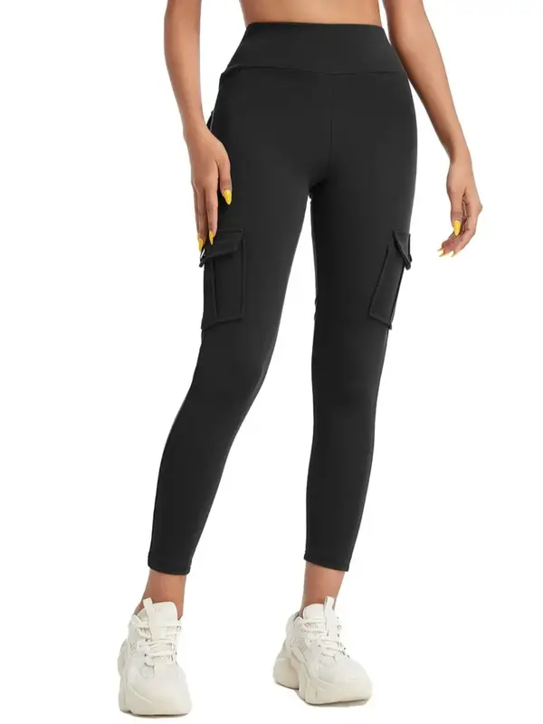 Women's Solid High Waist Pocket Sports Leggings, Sporty Casual Comfy Breathable Skinny Tummy Control Pants for Yoga Gym Workout Running, Ladies Sportswear for All Seasons, Workout Clothes, Activewear, Tight Leggings 1