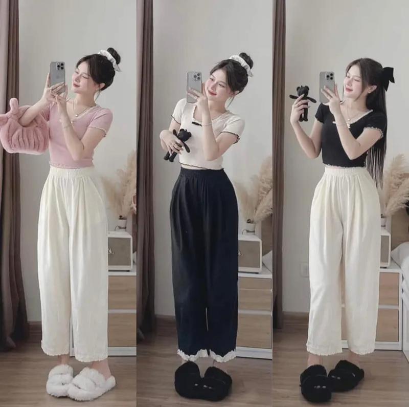  I0155 XẢ KHO Set Bộ Áo Thun Nữ ngắn tay thiết kế ren viền cổ quần đũi suông IRIS STORE 