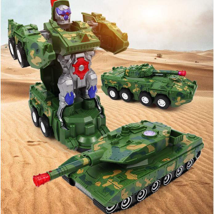 Đồ chơi trẻ em xe tăng biến hình robot tự động có đèn và nhạc Pin Toy