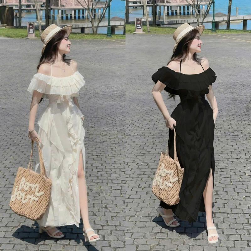 D507 ĐẦM MAXI THIẾT KẾ BIGSIZE PHỐI BÈO BẸT VAI (TÁO ĐỎ BIGSIZE 55-90KG)