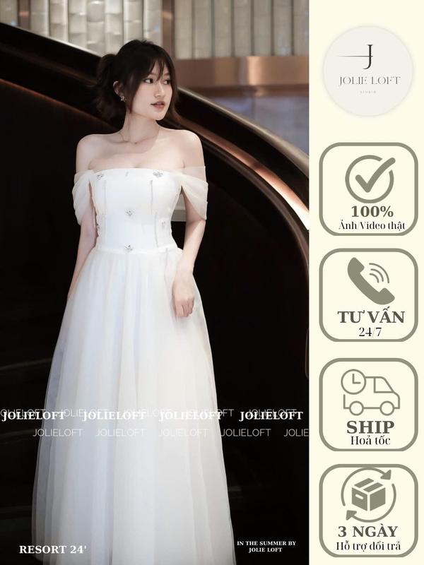 Váy nữ dự tiệc trắng đính đá thiết kế Fiona Long Dress JOLIE LOFT, đầm dáng dài sang trọng đi chơi đi tiệc