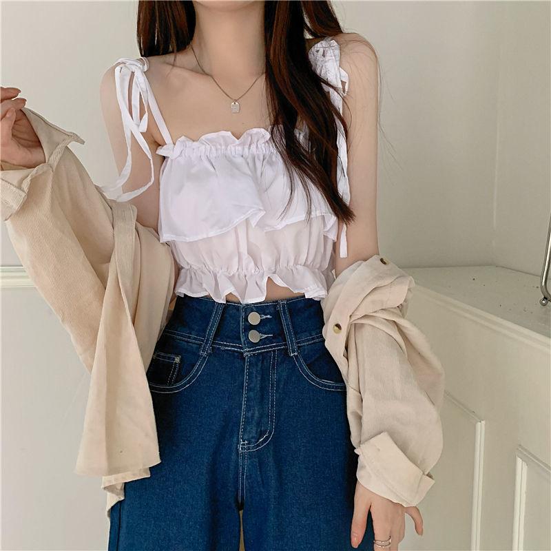 Product Introduction of Women's 2023 New Summer Tank Top with Ruffle Edge Strap Top High Waist Sleeveless Bra and Open Umbilical Top Womenswear Tube Lingerie Comfort Basic Minimalist Spaghetti Strap 13