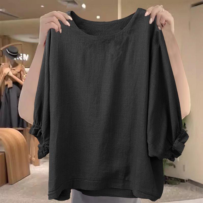 Quần Áo Nữ, Cắt Nhãn Cao Cấp Quầy, Phong Cách Cổ Điển Dáng Rộng Mùa Hè, Cổ Tròn, Tay Lửng Áo, Áo Phông Ẩn Bụng, Giảm Giá 2