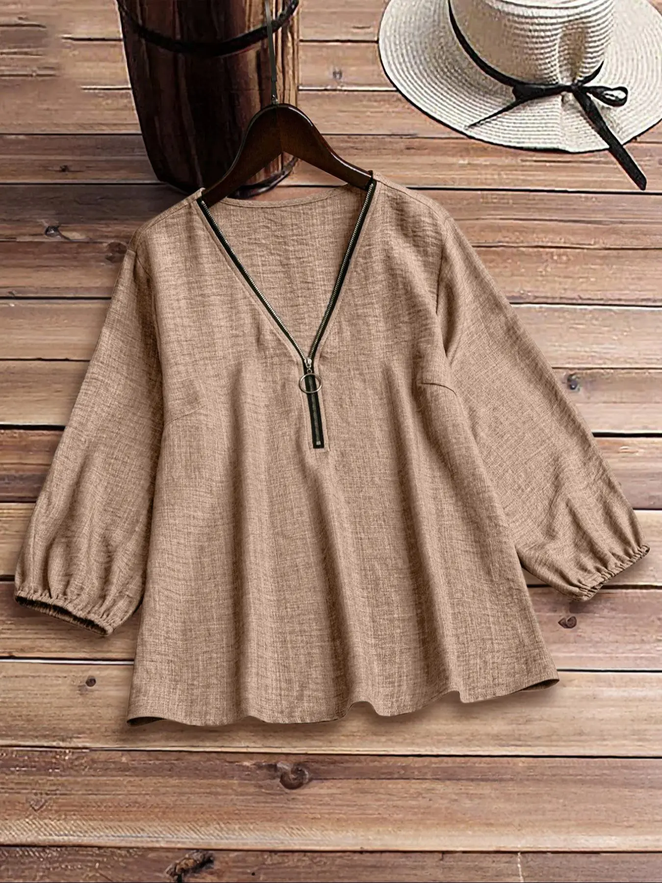 Women's Plain Half Sleeve Blouse, Casual Zip Front Top for Summer, Women's Clothing for Daily Wear