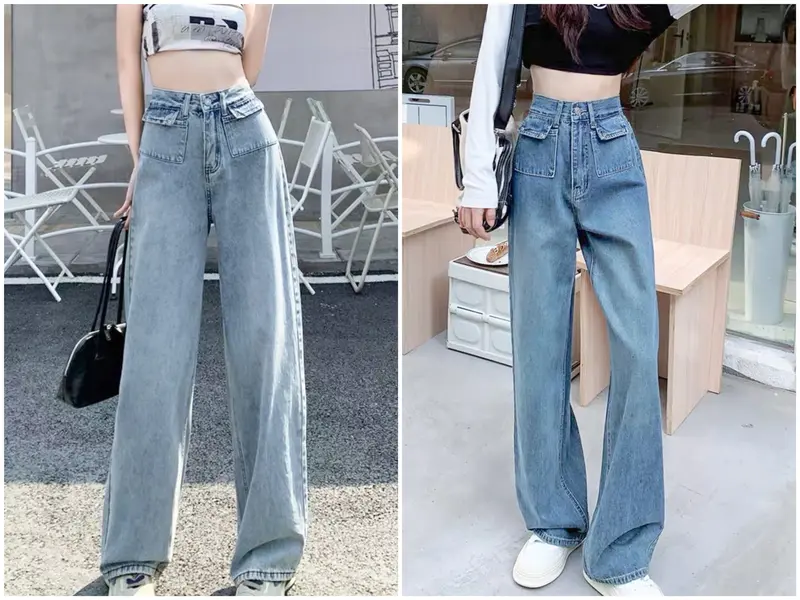 ( S - XL ) Jeans cạp cao túi hộp trơn 2 màu nhạt đậm 1192 1