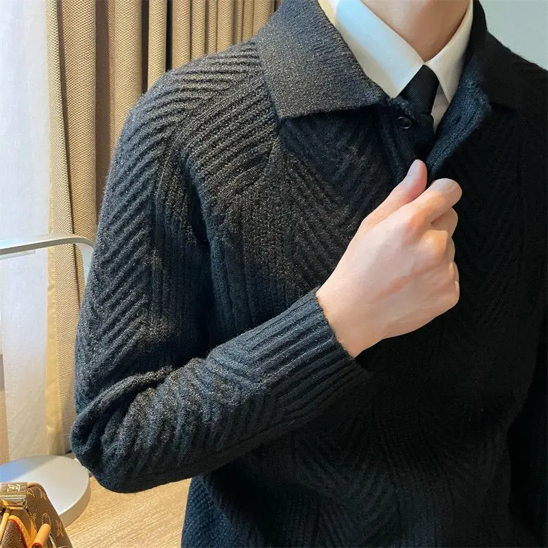 Áo Len Polo Có Ve Áo, Phong Cách Nhật Bản Cổ Điển Tối Giản, Họa Tiết Jacquard, Dành Cho Nam Giới, Thích Hợp Cho Mùa Thu Và Mùa Đông, Thường Ngày, Màu Trơn Áo Len Chui Đầu 1