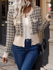 YOZY Women's Patchwork & Plaid Print Pocket Cardigan, Elegant Button Long Sleeve Round Neck Knitwear, Ladies' Knit Clothing for Daily Wear, Valentine's Day Gift for Girl