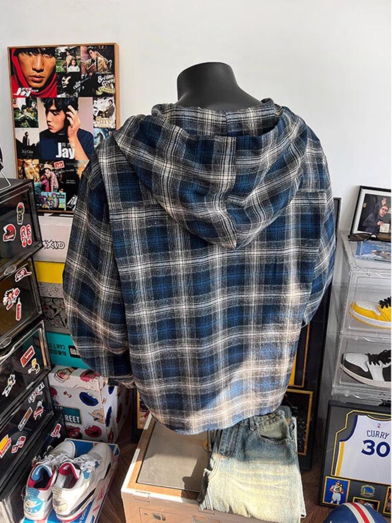 Product Introduction of Blue Gray Plaid Hooded Plaid Shirt Korean Vintage Long Sleeve Top Men's Loose Shirt 11