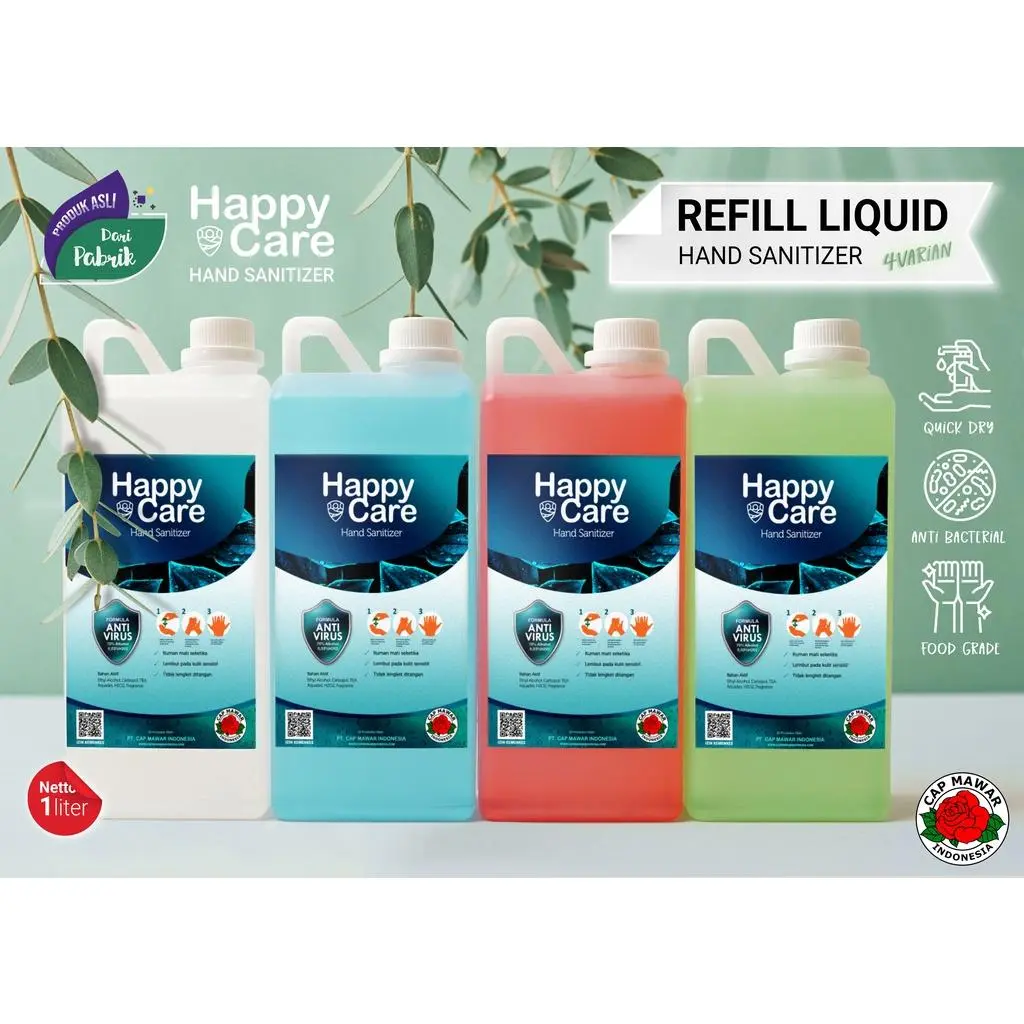PROMO!!! HAPPY CARE Hand Sanitizer Liquid Cair Refill 1 Liter Semua Jenis Kulit ( Pilih Variant )