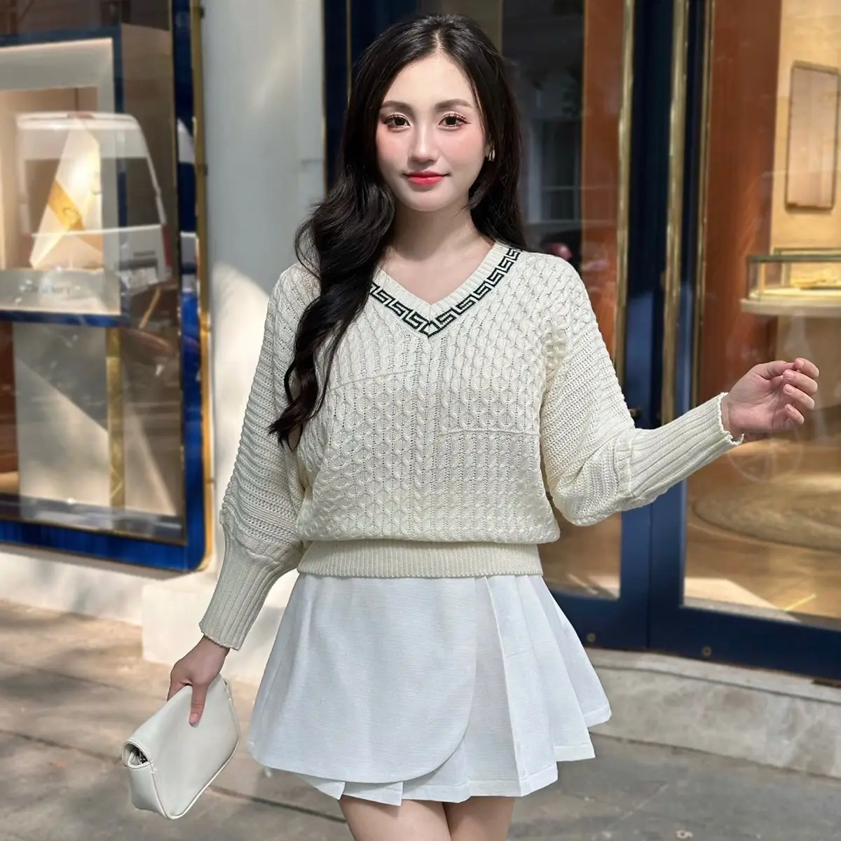 Áo Len Cánh Rơi Cổ Tim Vặn Thừng Nhỏ Mềm Mại Top Women Voi Nhung Kem - Len Cao Cấp Trắng aolen  formrong
