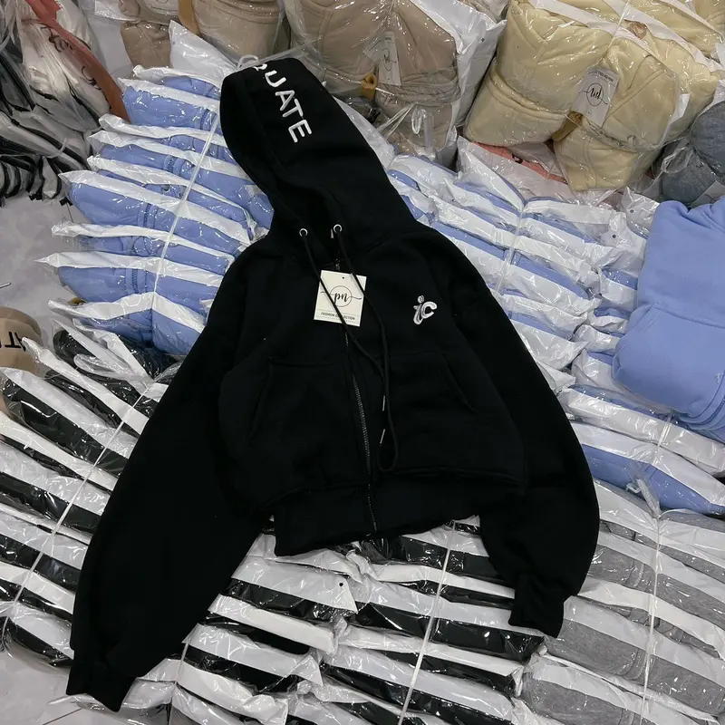 Áo Khoác Hoodie Croptop Phối 4 Túi Dáng Lửng Nỉ Dáng Rộng Tay Bồng Thêu Chữ IC Nữ Women 5