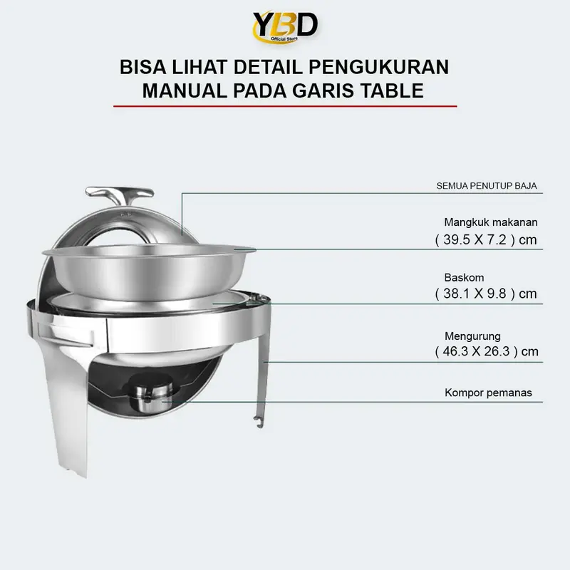 YBD - Prasmanan Roll Top Stainless Steel 6.8 Liter Tutup Stainless & Tutup kaca | Roll top prasmanan bulat Gold & silver | Perlengkapan dapur wadah prasmanan stainless | Tempat makan prasmanan | Roll top wadah makanan peralatan masak Kitchenware 6