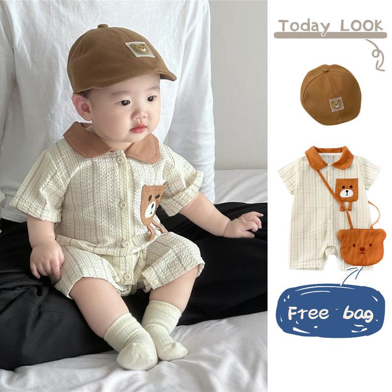 Bộ Đồ Áo Liền Quần Thân Ngắn Tay, Hàng Mới Về Mùa Hè, Dành Cho Em Bé Trai Và Bé Gái, Thích Hợp Cho Trẻ Sơ Sinh 0-24 Tháng, Mỏng, Sọc Dọc, Với Thiết Kế Gấu Hoạt Hình, Áo Liền Quần Dễ Thương, Đi Kèm Với Túi