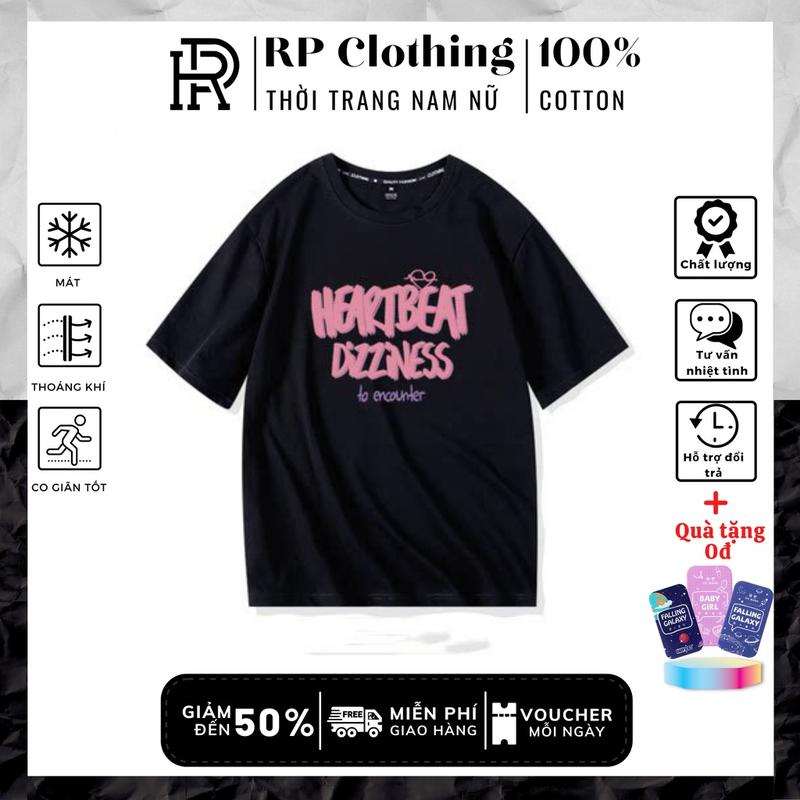 Áo phông nữ nguyên bản cotton tự nhiên không gây bí, thấm hút siêu nhanh, giặt nhanh khô in chữ HEARTBEAT - RPAT07 Top Thun Đen Áo Thun Cổ Tròn