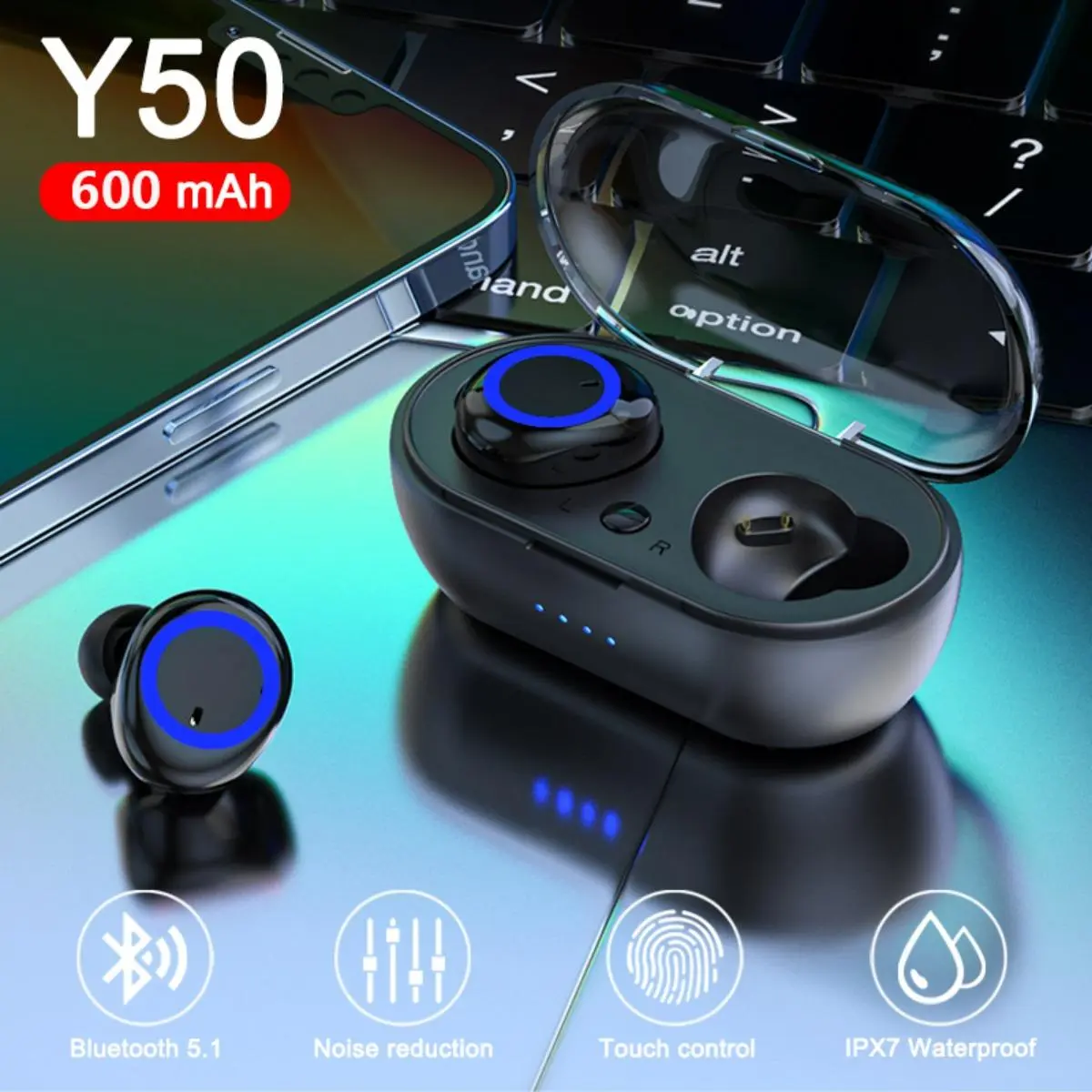 Tai nghe không dây TWS Y50, tai nghe thể thao 5.0, tai nghe chơi game bluetooth, micrô, tai nghe điện thoại không dây cho xiaomi lenovo pods