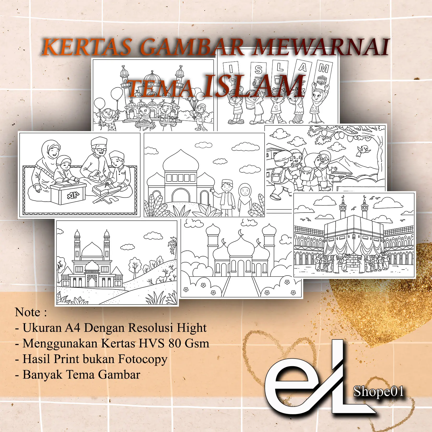50 Lembar Kertas Gambar Mewarnai Tema ISLAM Ukuran A4/A5 Hvs 80 Gsm Anak Usia 2-10 Thn Kertas Mewarnai Lucu & Bermanfaat untuk Stimulasi Motorik