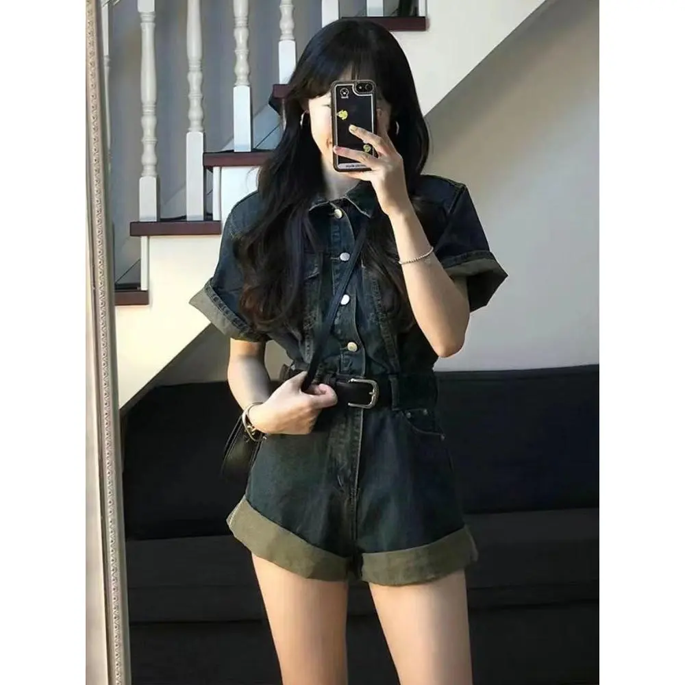 Áo Jumpsuit Quần Denim, Phong Cách Cổ Điển Mỹ, Dành Cho Nữ, Thiết Kế Mới Mùa Hè, Bó Sát Eo, Bó Sát, Thời Trang, Bộ Đồ Ngắn Thường Ngày Một Mảnh