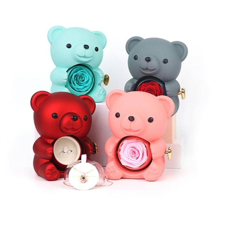 Product Introduction of Creative Rotating Rose Box Soap Flower Pink Bear Gifts Box Necklace Storage Red Ring Gift Case Wedding 10