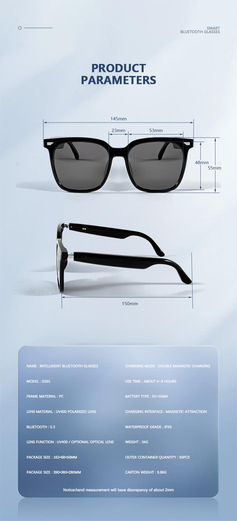 Product Introduction of COD Ready Stock GS01 Wireless Bluetooth Smart Optical Glasses Men Polarized Sunglasses Women Anti Blue Ray Reading Glasses Replaceable lens 33
