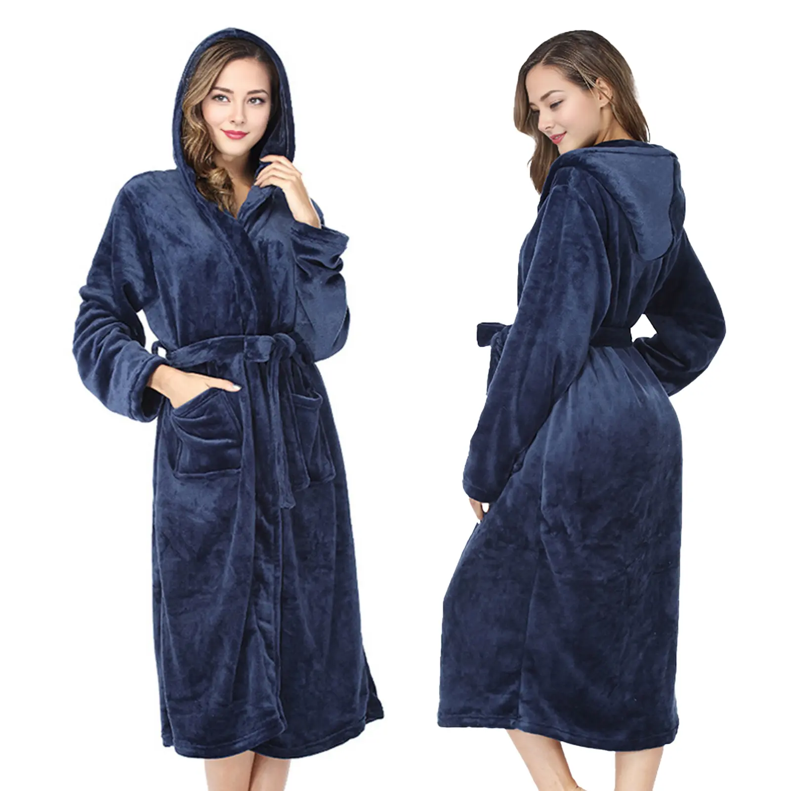 Women Hooded Flannel Bathrobe Plush Long Spa Robe with Waistband Pockets Soft Fluffy Hooded Bathrobe for Lounging Relaxing