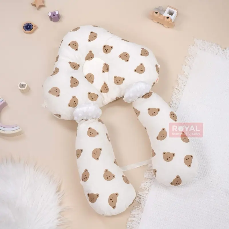 Gối Chữ U  Roayl - Gối Cao Cấp Chất Vải Muslin Mặt Dưới Lớp Lưới Thông Thoáng Mềm Mại Thiết Kế Dây  Điều Chỉnh An Toàn Chống Giật Mình Cho Bé 0